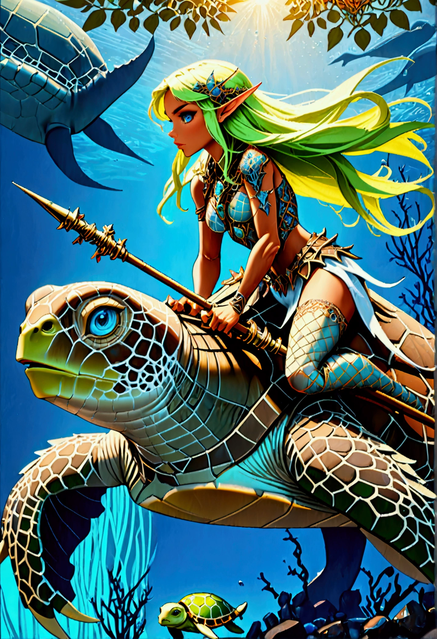 fantasy art, RPG art, a picture of a sea elf ranger riding her sea turtle mount under the sea, an exquisite beautiful female elf ultra feminine, knight, (best details, fantasy art, Masterpiece, best quality: 1.4) with a long curvy hair, light green hair, blue eyes, (fantasy art, Masterpiece, best quality: 1.5), ((beautiful delicate face)), Ultra Detailed Face (intricate details, fantasy art, Masterpiece, best quality: 1.4) (anatomically correct: 1.5), wearing light armor, armed with a trident, she rides an epic sized turtle (intricate details, fantasy art, Masterpiece, best quality: 1.4) underwater background, fantasy sea, underwater light, ((natural sea life elements)) sun rays, dynamic atmosphere, soft light, dynamic light, high details, best quality, 16k, [ultra detailed], masterpiece, best quality, (extremely detailed), ultra wide angle), elf