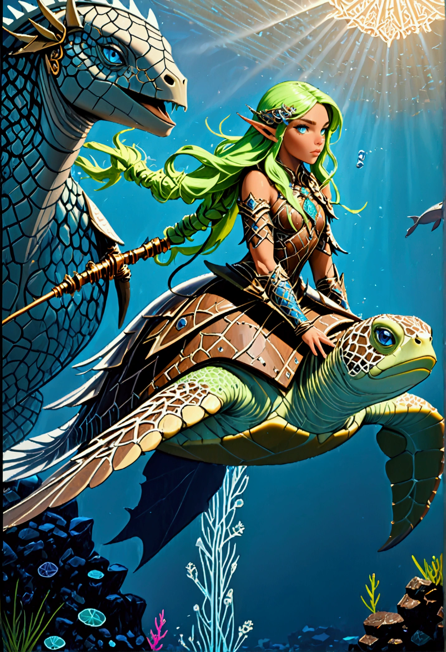 fantasy art, RPG art, a picture of a sea elf ranger riding her sea turtle mount under the sea, an exquisite beautiful female elf ultra feminine, knight, (best details, fantasy art, Masterpiece, best quality: 1.4) with a long curvy hair, light green hair, blue eyes, (fantasy art, Masterpiece, best quality: 1.5), ((beautiful delicate face)), Ultra Detailed Face (intricate details, fantasy art, Masterpiece, best quality: 1.4) (anatomically correct: 1.5), wearing light armor, armed with a trident, she rides an epic sized turtle (intricate details, fantasy art, Masterpiece, best quality: 1.4) underwater background, fantasy sea, underwater light, ((natural sea life elements)) sun rays, dynamic atmosphere, soft light, dynamic light, high details, best quality, 16k, [ultra detailed], masterpiece, best quality, (extremely detailed), ultra wide angle), elf