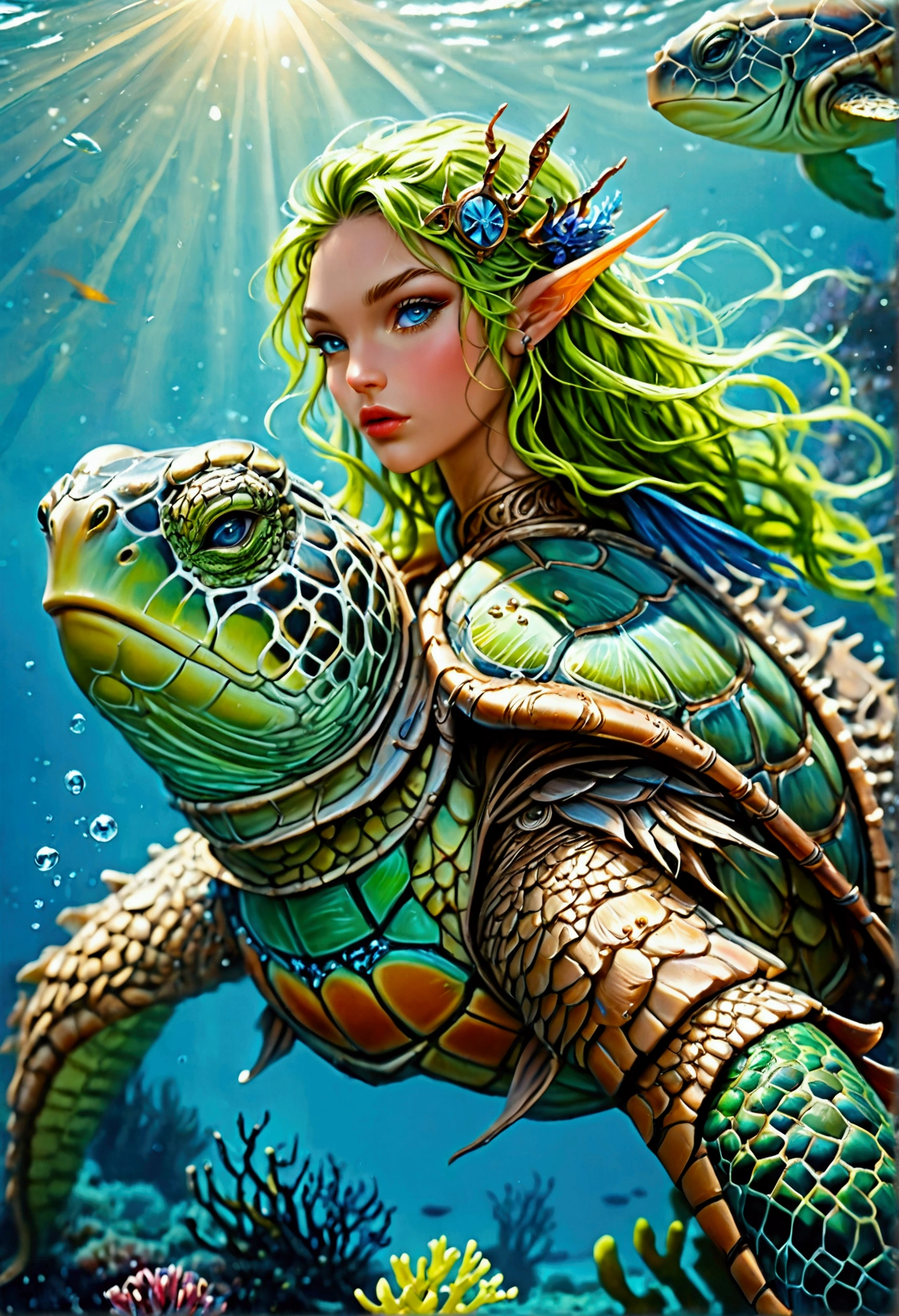 fantasy art, RPG art, a picture of a sea elf ranger riding her sea turtle mount under the sea, an exquisite beautiful female elf ultra feminine, knight, (best details, fantasy art, Masterpiece, best quality: 1.4) with a long curvy hair, light green hair, blue eyes, (fantasy art, Masterpiece, best quality: 1.5), ((beautiful delicate face)), Ultra Detailed Face (intricate details, fantasy art, Masterpiece, best quality: 1.4) (anatomically correct: 1.5), wearing light armor, armed with a trident, she rides an epic sized turtle (intricate details, fantasy art, Masterpiece, best quality: 1.4) underwater background, fantasy sea, underwater light, ((natural sea life elements)) sun rays, dynamic atmosphere, soft light, dynamic light, high details, best quality, 16k, [ultra detailed], masterpiece, best quality, (extremely detailed), ultra wide angle), elf