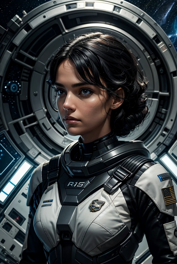 
a female interstellar fleet officer planning an exploration,High Resolution, Anatomically Correct, Accurate, Super Detailed, High Quality, Black Hair, Medium Hair, Determined, perfect eyes,8K,clear light,spaceship room background,futuristic uniform of interstellar fleet