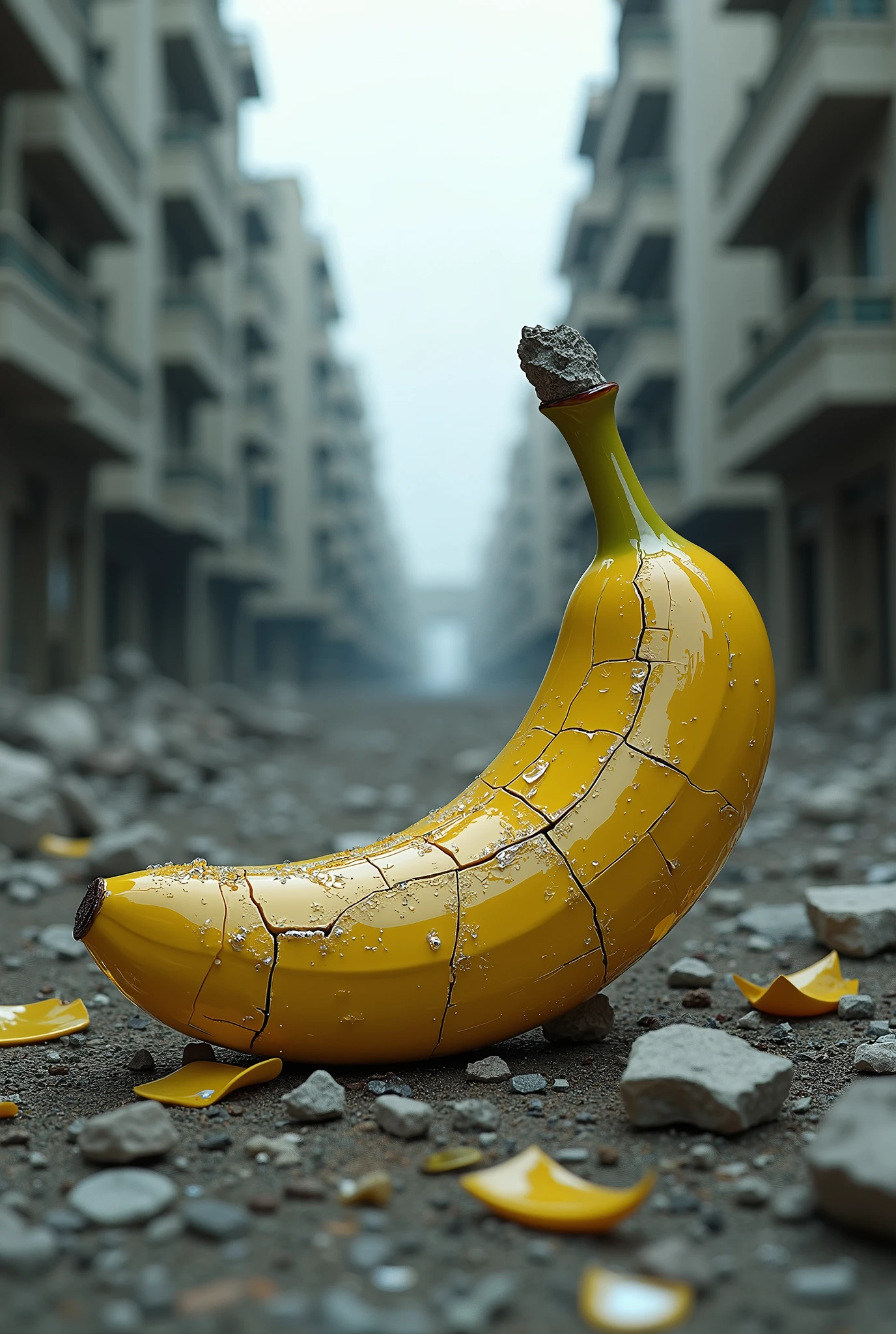 Glass banana destroyed pluralism city, hyper realism, photo realism, 3d render, --ar 16:9