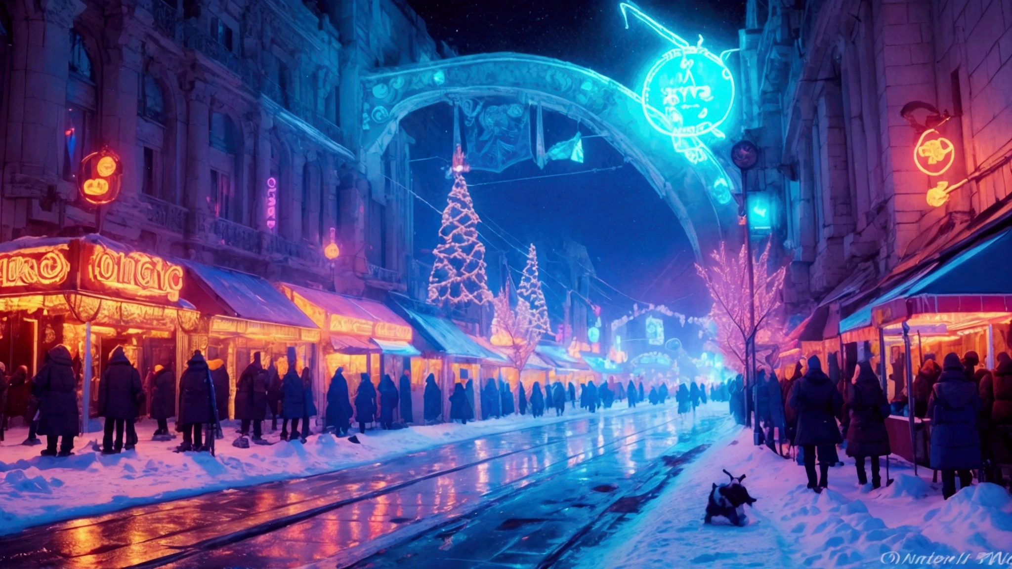 Magic winter, beautiful, realistic, high resolution, high detail, neon lighting