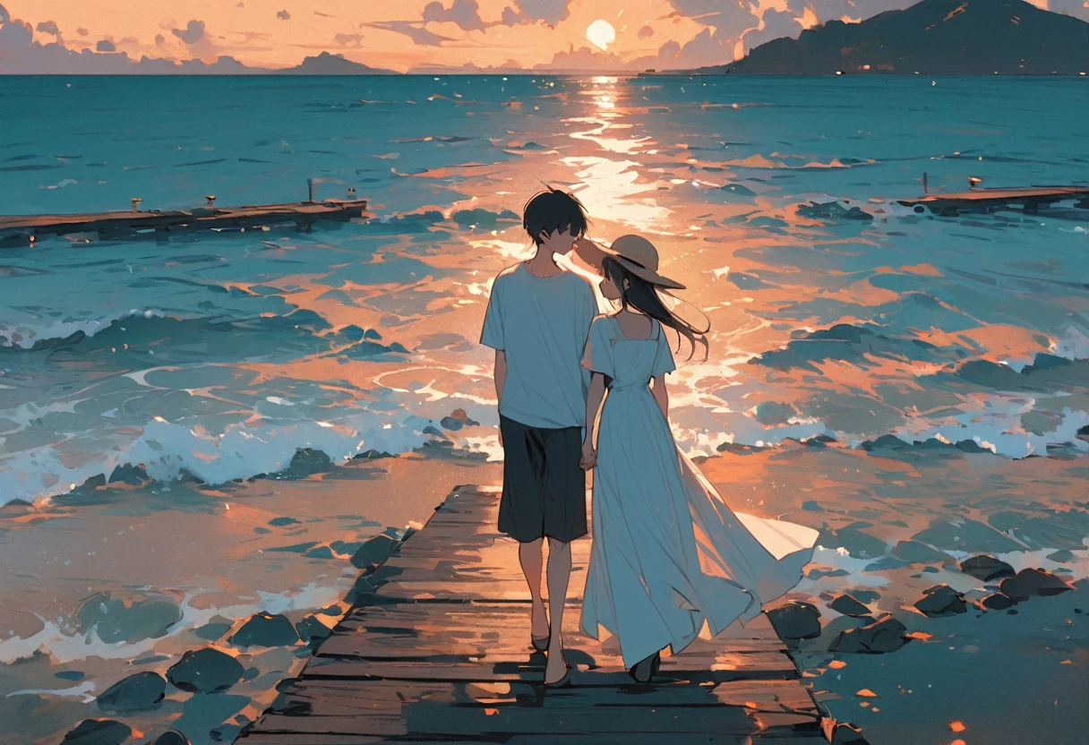 High resolution, masterpiece, Highest quality, Pastel Art:1.3, Pier, Girl in a white dress, Boy in white T-shirt, Standing side by side, Looking at the sea, Straw hat