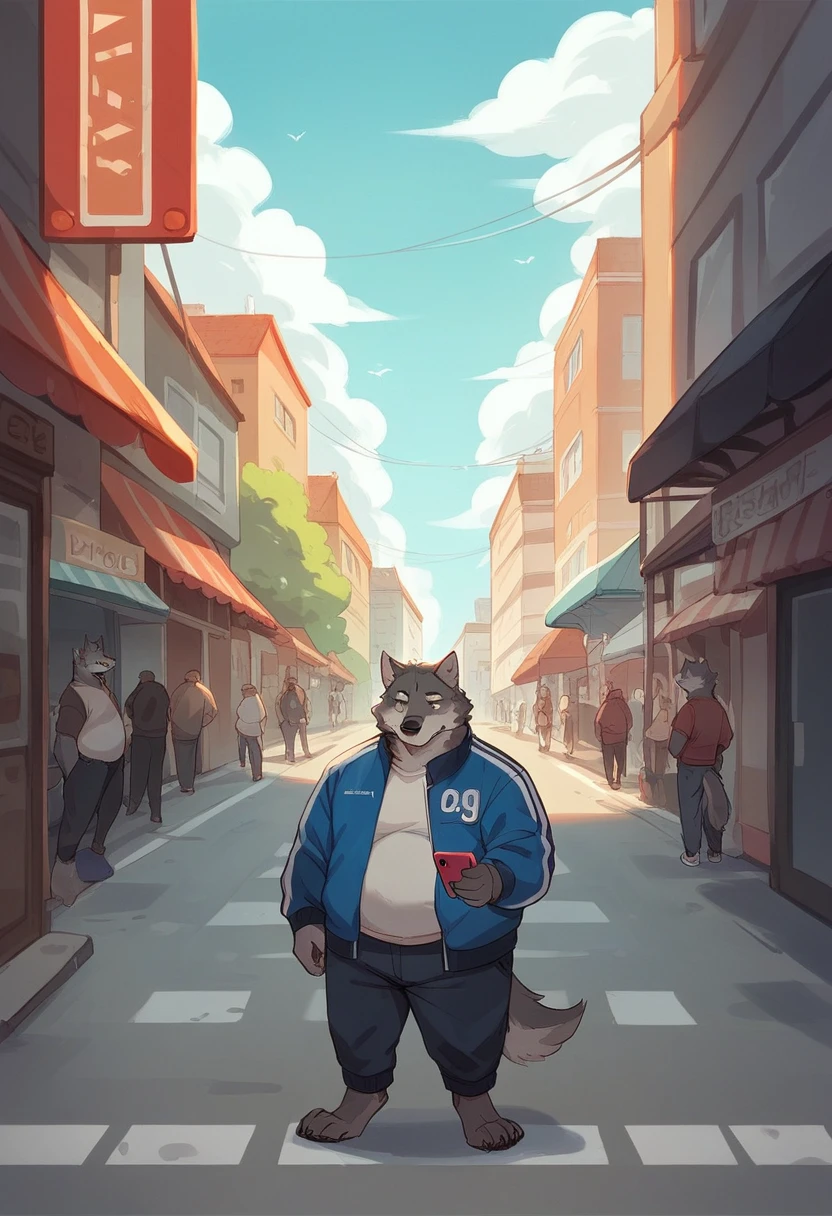 (Perfect work）Chubby body, Dark gray fur, Delicate pupils，Standing on the street, Snack Street Background,head tilted to one side,Beautiful blue sky and white clouds，People coming and going , Wearing a jersey jacket, Wolf furry character, using phone