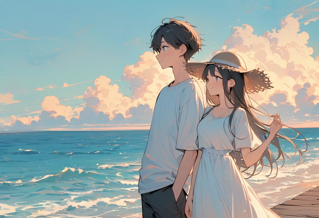 High resolution, masterpiece, Highest quality, Pastel Art:1.3, Pier, A girl in a white dress and a boy in a white T-shirt, Straw hat