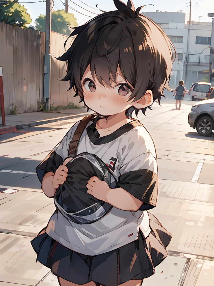 1 boy(black hair,black eyes, (happy), child, petite, embarrassed, in heat, (plump), feminine boy, (((shota)))), cheerleader