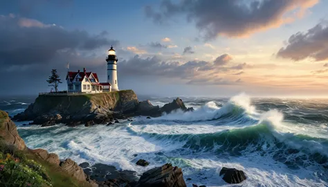 stunning, premium, illustration, wide angle, lighthouse, standing tall, guiding lost sailors, rocky coast, crashing waves, foggy...