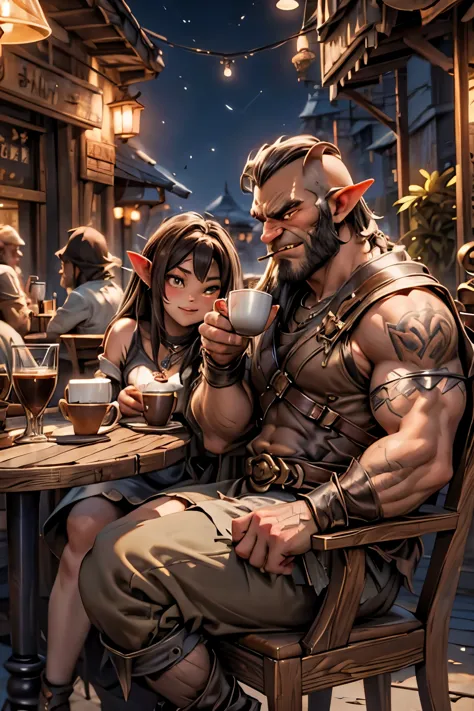 best quality, masterpiece, orcs drinking coffee at a coffe shop, night coffee shop,