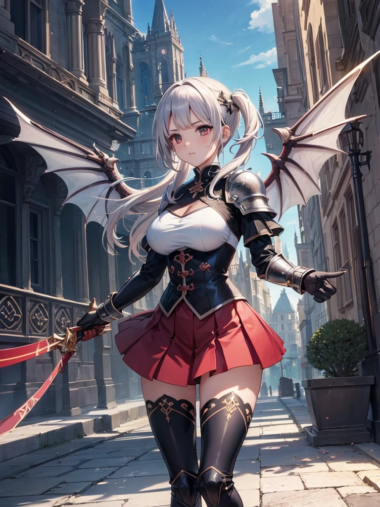 (16K,Ultra-high resolution,Highest quality,masterpiece,Super detailed,Attention to detail,Very vivid CG),A beautiful female knight with dragon wings growing from her back.,Silver armor,Red Skirt,Black tights,(Anatomically correct body:1.3),Angle from the front,Highly detailed facial features, Beautiful and perfect face, Perfect Eyes,Beautifully groomed hair,Huge Twin Swords,Abandoned castle in the background,Slashing Effects