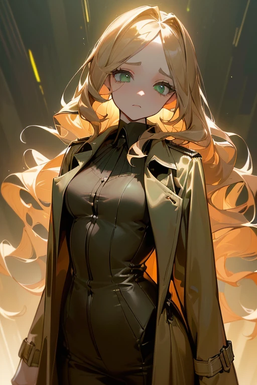 ((Masterpiece:1.5, Best Quality, High Resolution:1.3, Super Resolution, Super Detailed, Ultra Detailed:1.3, Perfect Anatomy:1.5, 1 girl) pale skin + long wavy brown hair + green eyes + long eyelashes + female figure + dark circles (formal suit, trench coat, straps) ((open eyes, tired expression, luminous eyes))