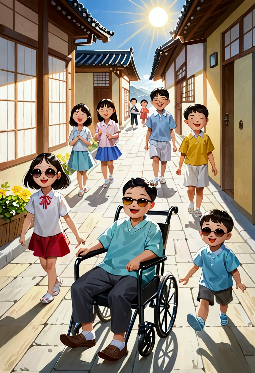 Create a funny cartoon image with happy characters, two black, two white and two corean children . Include some more kid seated on wheelchairs. These characters have to be funny and charismatic. Include daylight that conveys happiness. Include a black child and a Korean child. Include one more blind kid with sunglasses, walking sticks.