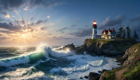 stunning, premium, illustration, wide angle, lighthouse, standing tall, guiding lost sailors, rocky coast, crashing waves, foggy...