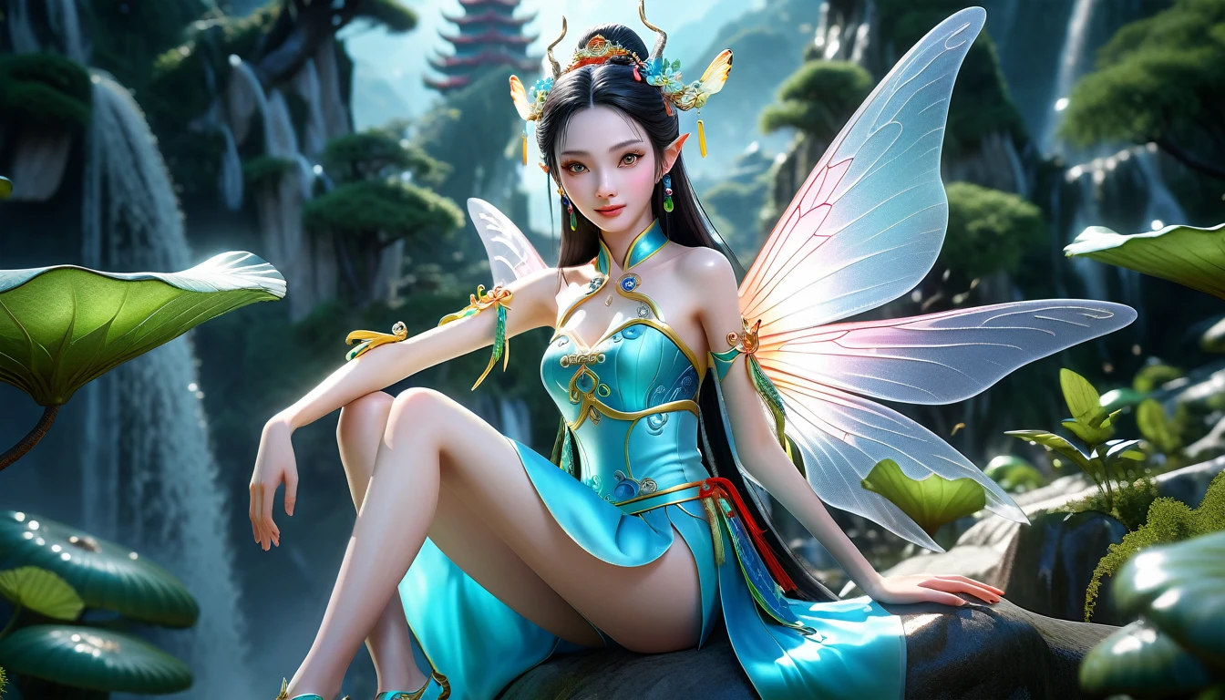 Photo-realistic style，Chinese mythological fairies，Pretty Face，Charming，Bright eyes，Fair skin，full-body shot，Thin waist，Long legs，Good figure，The background is Linlang Wonderland，Ultra HD，best quality，Ultra-high-detail image quality，8K resolution