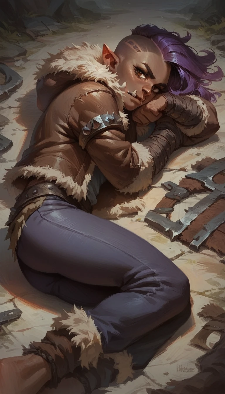 score_9, score_8_up, score_7_up, score_6_up, 1woman, ((brown skin)), purple hair, buzzcut, brown eyes, lying, on side, barbarian, troll, fur-trimmed jacket, pants