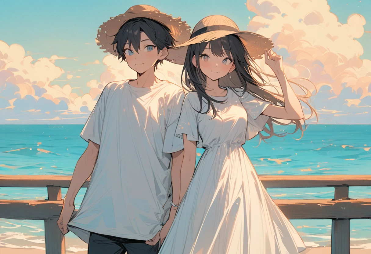 High resolution, masterpiece, Highest quality, Pastel Art:1.3, Pier, A girl in a white dress and a boy in a white T-shirt, Straw hat