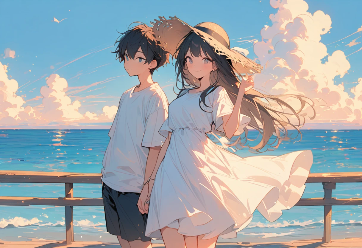 High resolution, masterpiece, Highest quality, Pastel Art:1.3, Long Pier:1.3, Girl in a white dress, Holding his hat and smiling, Boy in white T-shirt, Standing side by side, Looking at the sea, Straw hat