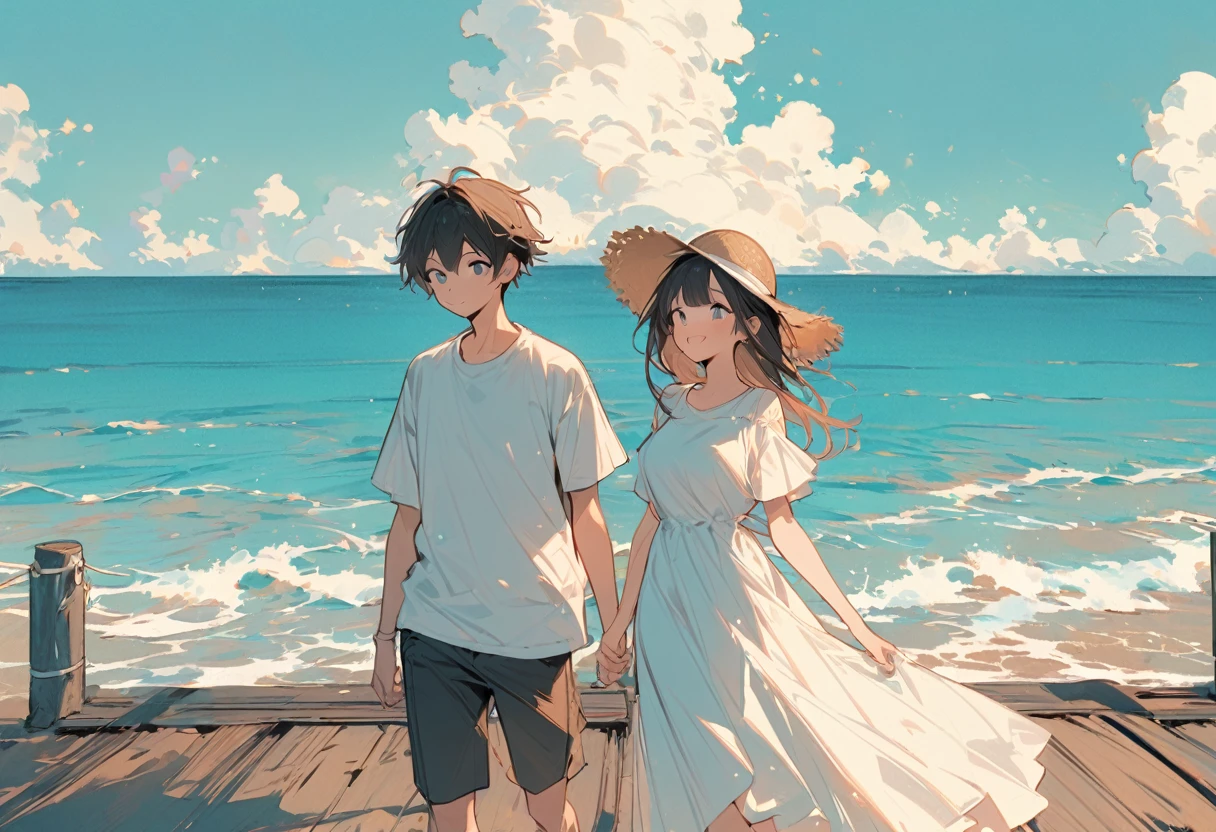 High resolution, masterpiece, Highest quality, Pastel Art:1.3, Pier, A girl in a white dress and a boy in a white T-shirt, Straw hat