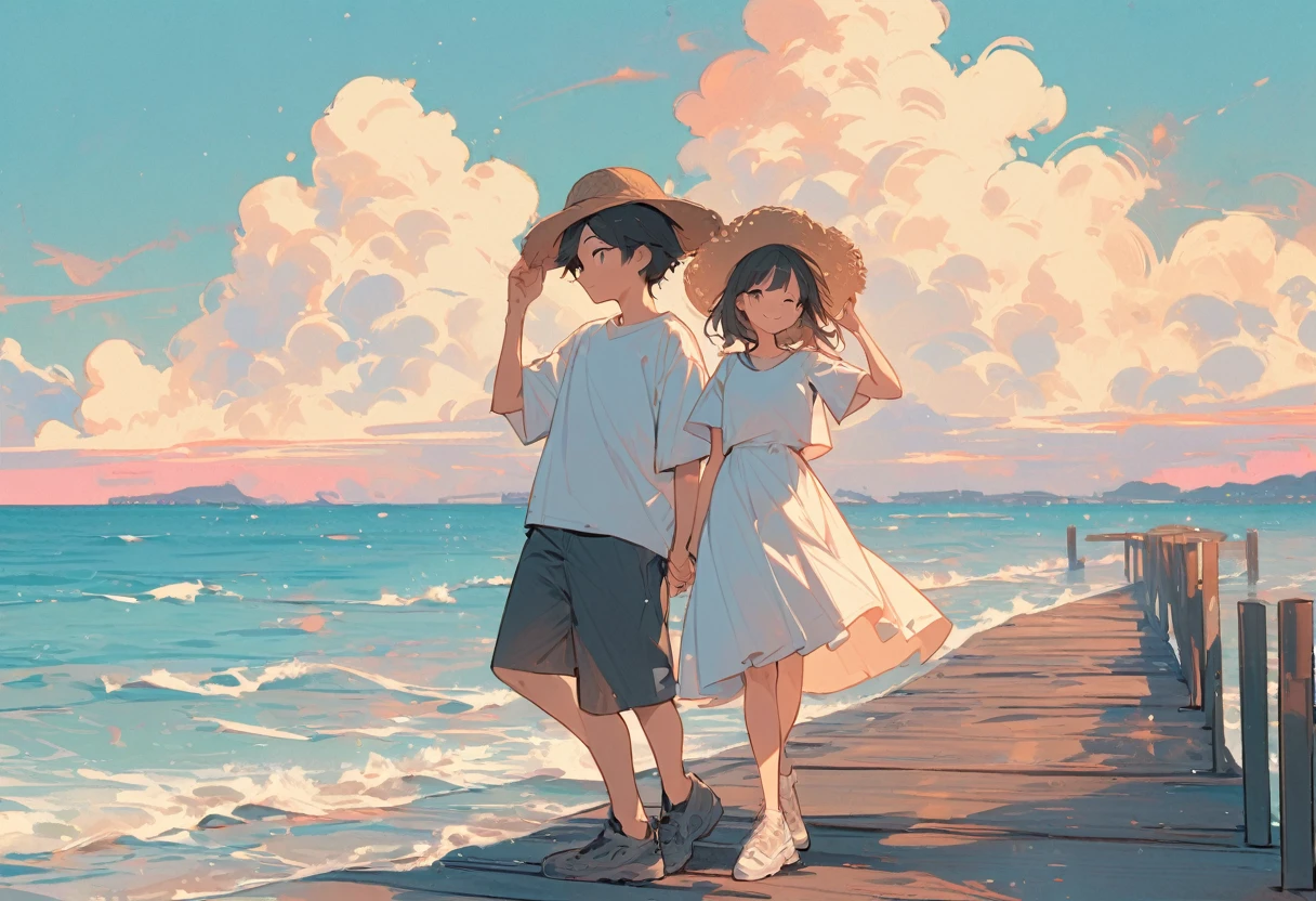 High resolution, masterpiece, Highest quality, Pastel Art:1.3, Long Pier:1.3, A full view of the pier, Girl in a white dress, Holding his hat and smiling, Boy in white T-shirt, Standing side by side, Looking at the sea, Straw hat