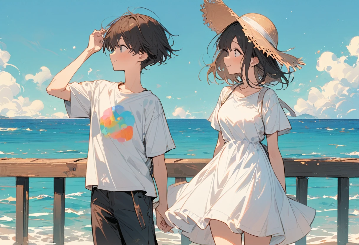 High resolution, masterpiece, Highest quality, Pastel Art:1.3, Long Pier:1.3, A full view of the pier, Girl in a white dress, Holding his hat and smiling, Boy in white T-shirt, Standing side by side, Looking at the sea, Straw hat