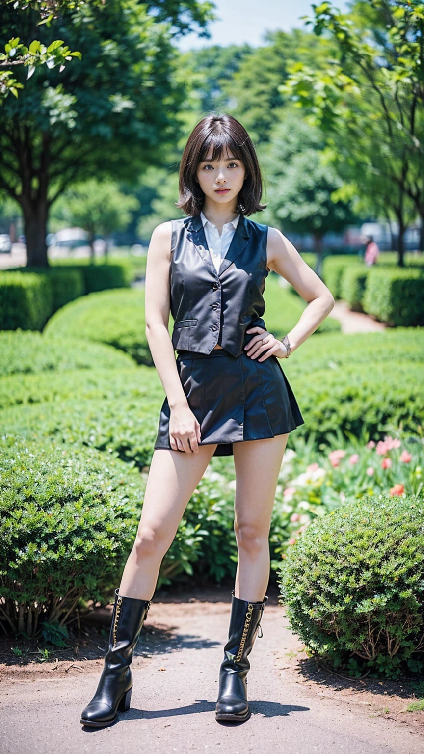 (8k、RAW Photos、Highest quality、masterpiece:1.2)、(Realistic、Realistic)、1 person、((black、Sleeveless vest、Medium Hair、mini skirt、Thin legs、whole body、boots、View from the front、Looking into the camera、garden、Stand with hands on hips))、cute