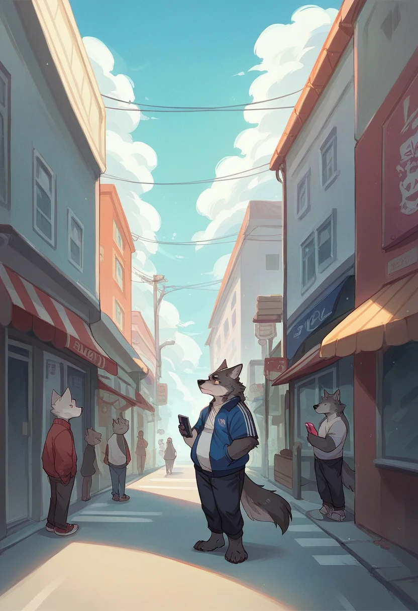 (Perfect work）Chubby body, Dark gray fur, Delicate pupils，Standing on the street, Snack Street Background,head tilted to one side,Beautiful blue sky and white clouds，People coming and going , Wearing a jersey jacket, Wolf furry character, using phone