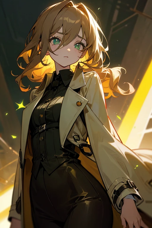 ((Masterpiece:1.5, Best Quality, High Resolution:1.3, Super Resolution, Super Detailed, Ultra Detailed:1.3, Perfect Anatomy:1.5, 1 girl) pale skin + long wavy brown hair + green eyes + long eyelashes + female figure + dark circles (formal suit, intricate suit, trench coat, straps) ((open eyes, tired expression, luminous eyes))