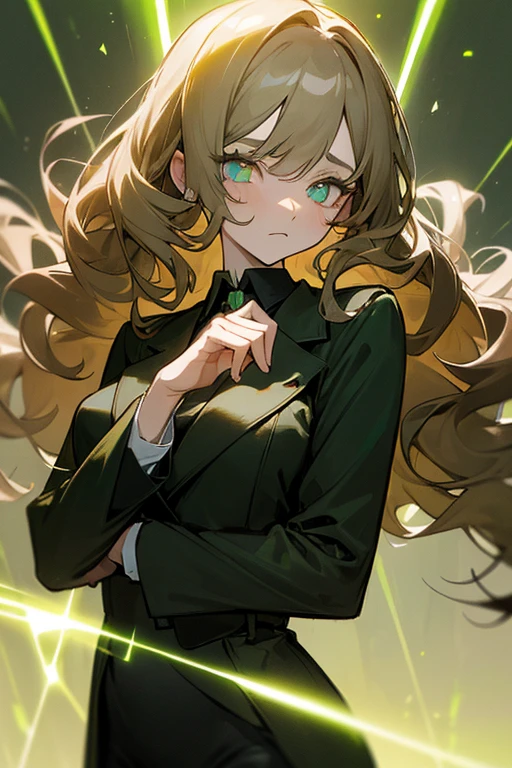 ((Masterpiece:1.5, Best Quality, High Resolution:1.3, Super Resolution, Super Detailed, Ultra Detailed:1.3, Perfect Anatomy:1.5, 1 girl) pale skin + long wavy brown hair + green eyes + long eyelashes + female figure + dark circles (formal suit, intricate suit, trench coat, straps) ((open eyes, tired expression, luminous eyes))