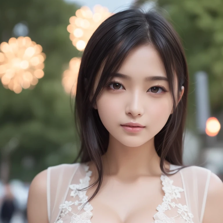 (nsfw:1.2)、(Highest quality:1.5), (Genuine:1.5), (1 person:1.5), Medium Shot, (Very detailed), (High resolution), 8k, Medium chest, Natural color lip, Japanese women, 1 girl, Thin eyebrows, Beautiful and elegant face, Cute Face, アーチ型 Thin eyebrows, (big, Balanced Eyes), Big eyes, Fair skin, Beautiful and elegant face, Natural Bangs, Beautiful and thin nose,  Beautiful Skin, Medium Bob Hair, Natural Bangs, Perfect and beautiful facial features, Slim face and figure, (Bright lighting), Professional Lighting, (Front lighting), Outdoor, Beautiful cleavage, 1 person girl, Two cute, sexy, slim women, Fair skin, (Dreamy look), (Sexy see-through dress shirt), (Medium chest), (A simple pose facing forward),Beautiful clavicle, (Colorful fireworks burst into flames at the night festival), summer, 