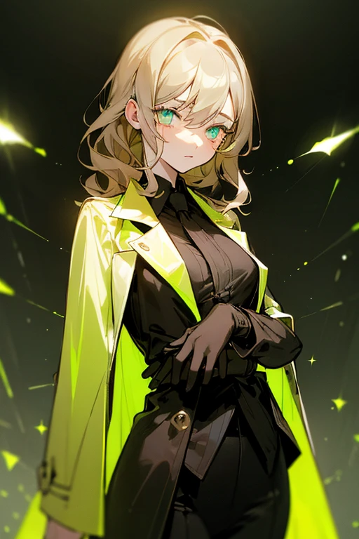 ((Masterpiece:1.5, Best Quality, High Resolution:1.3, Super Resolution, Super Detailed, Ultra Detailed:1.3, Perfect Anatomy:1.5, 1 girl) pale skin + long wavy brown hair + green eyes + long eyelashes + female figure + dark circles (formal suit, intricate suit, trench coat, straps) ((open eyes, tired expression, luminous eyes))