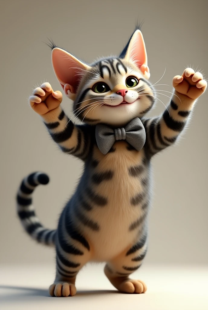 Mackerel tabby,Bow tie,Make a mischievous face,dance,Look at the audience,Realistic picture