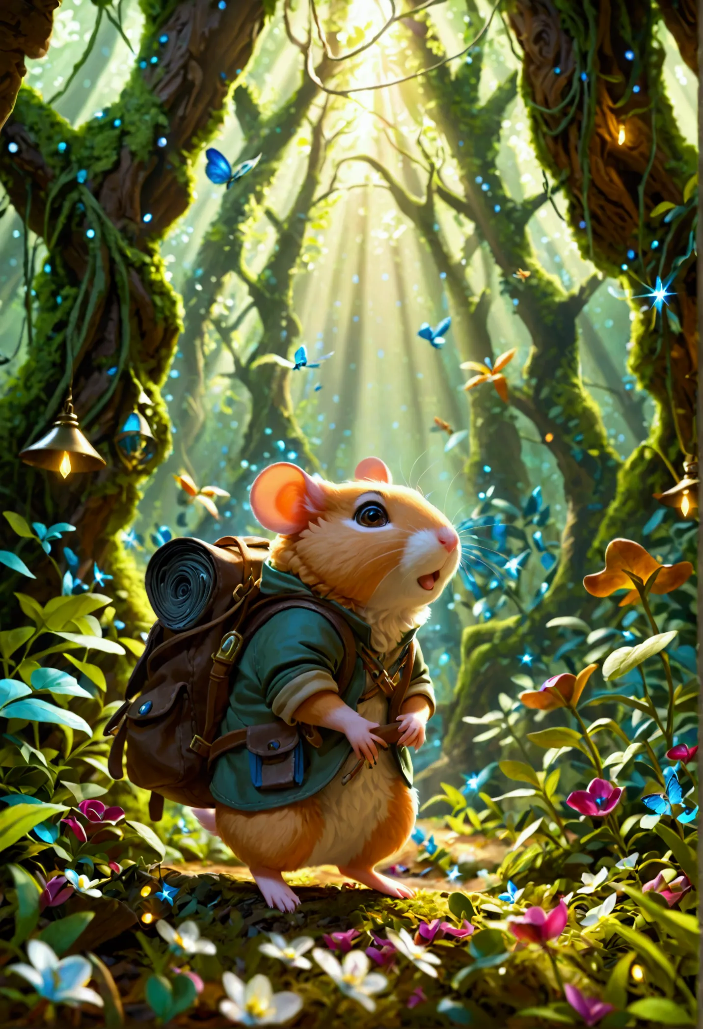 a hamster in adventure clothes stands before a magical forest with an explorer’s backpack. the forest is filled with mysterious ...