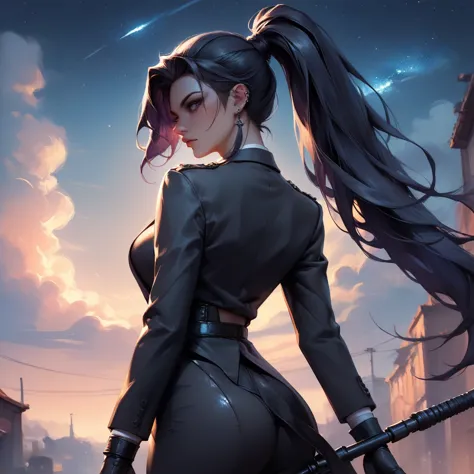 Nighttime, night sky, An extremely attractive and beautiful assassin girl with lean build, long raven-black hair tied up in a ponytail, piercing emerald eyes, black leather suit, with a sniper in her hands, she is standing on the top, sky background, marking someone at night. Make it in the anime style. make an incredibly stylish impressionistic painting. watercolor painting, a blending effect. 