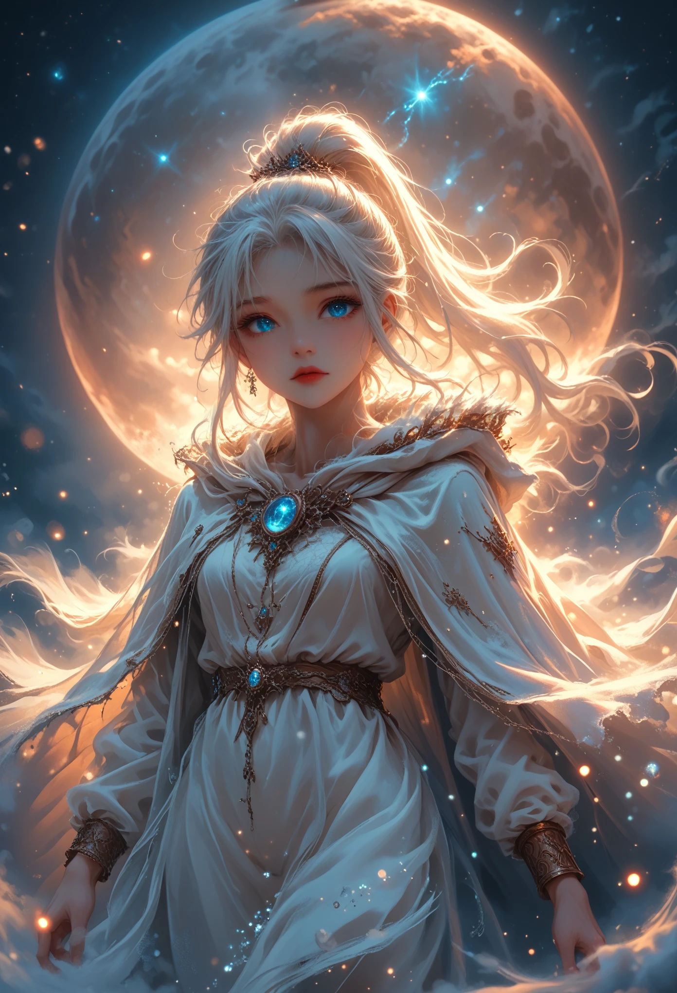 masterpiece, (Best quality: 1.2), (super excellent: 1.2), illustration, (Incredibly soft and beautiful: 1.2), film angle, floating, (Beautiful detailed eye: 1.1), (detailed light: 1.1), Film Light, Tender sky, woman, White hair, Blue eyes, (high ponytail: 1.1), cloak, sparkling eyes, (moon: 1.2), (moonlight: 1.1), Starry sky, (Light particles: 1.1), fog , snow picture, sketch, flowering,score_9, score_8_up, score_7_up, dramatic lighting, highly detailed, high budget, bokeh, cinemascope, moody, epic, gorgeous, film grain, grainy, masterpiece, best quality, perfect anatomy, very aesthetic, official art, 8k, Shine, hkmagic,