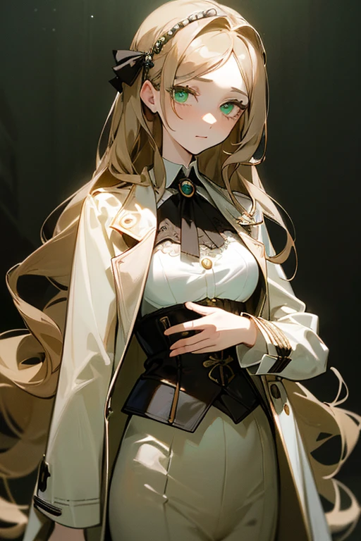 ((Masterpiece:1.5, Best Quality, High Resolution:1.3, Super Resolution, Super Detailed, Ultra Detailed:1.3, Perfect Anatomy:1.5, 1 girl) Pale skin + Long wavy brown hair + Green eyes + Long eyelashes + Feminine figure + Dark circles (Formal suit, Intricate outfit, Trench coat, Corset, Pearl hair accessory) ((Locked eyes, Relaxed expression, No light in her eyes))