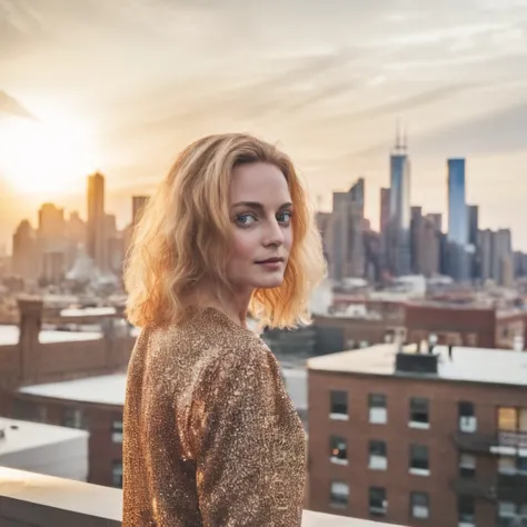 heathergraham  a close up photo,  of a young woman standing on a rooftop, surrounded by the city skyline.  the city is blurred a...