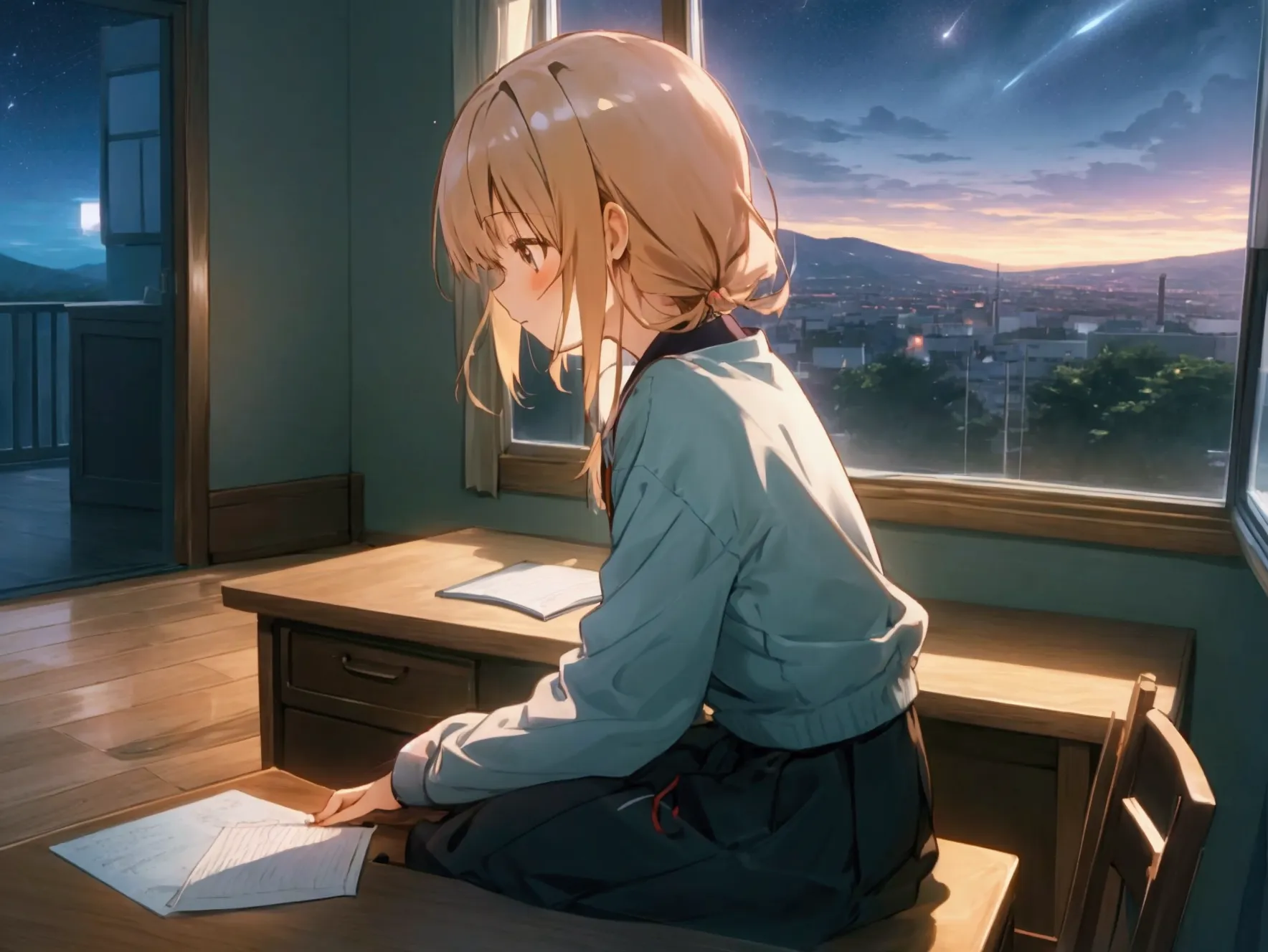 shiina mahiru, sitting on desk, side view, lofi girl inspired, writing on her diary on a desk, cute room, window with night sky.