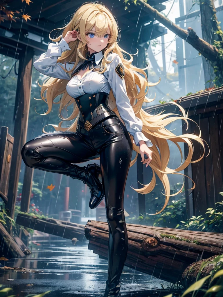 Modern anime-style digital painting of a 2 female teacher in a frontal view and action pose during an autumn day, soaked by rain with dramatic lightning in the background. She is 165 cm tall, with measurements of 91-61-81 cm, and has waist-length, wavy blond hair with V bangs and bright blue eyes. Emitting a golden aura, she stands dynamically with one leg raised on a fallen log. She wears a ruffled white blouse, a black corset, skinny tight blue jeans, and high black boots, all drenched by the rain. The scene is set against rich autumn foliage and vivid lightning, enhancing the intense and mystical atmosphere.