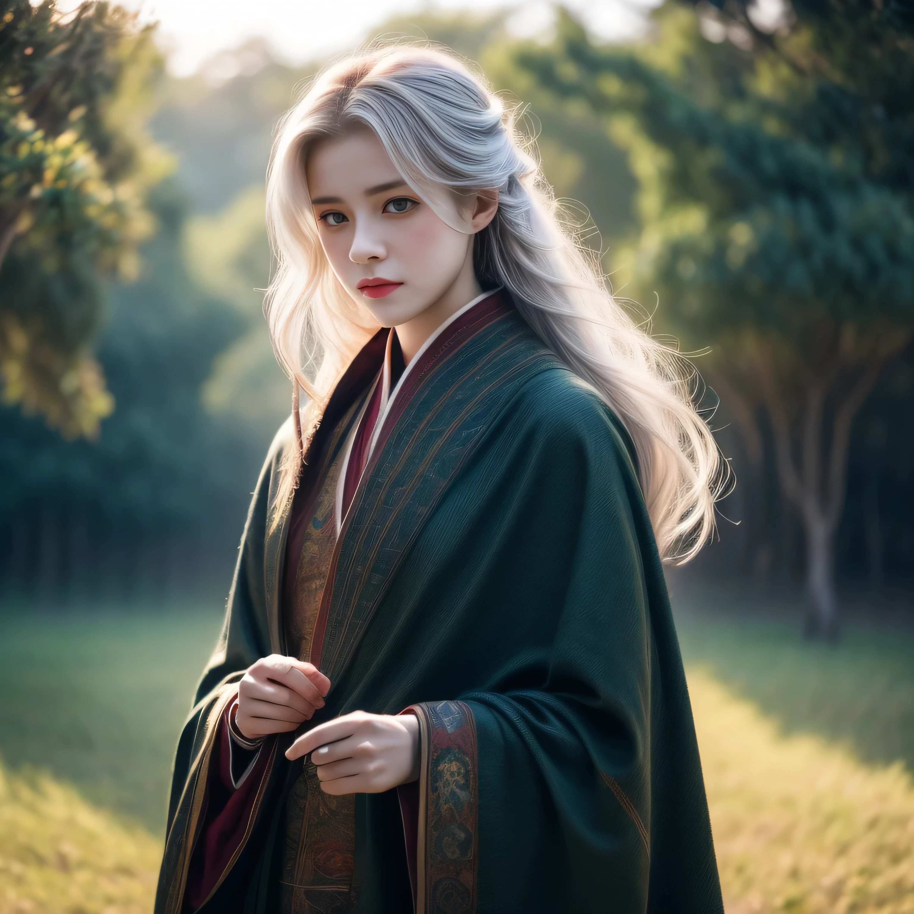 photorealistic, masterpiece, photorealistic, high resolution, soft light, hips up, blue eyes, white hair, long hair, Intricate details EABA, cloaks, short hand-fan, Royal Singer, Hanfu, dandy, floating cloak in wind, sunset