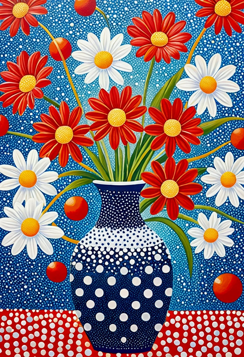 Pointillism method，Dot，Smooth lines, White polka dot pattern， Abstract Style, Blue vase with white bubbles, Polka dot vase, Red Polka Dot Vase, White daisy, daisy, Red flowers, Starry night background,  Playful arrangement, Decorative Arts, Bright and cheerful, Active atmosphere