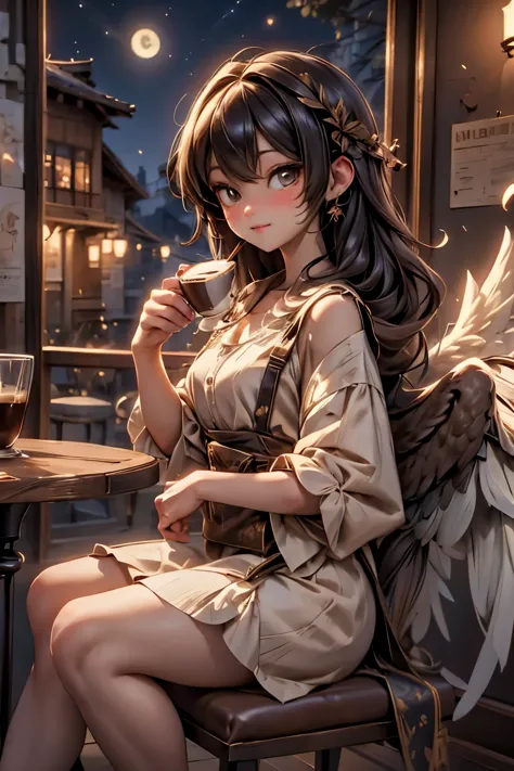 best quality, masterpiece, harpies drinking coffee at a coffe shop, night coffee shop,