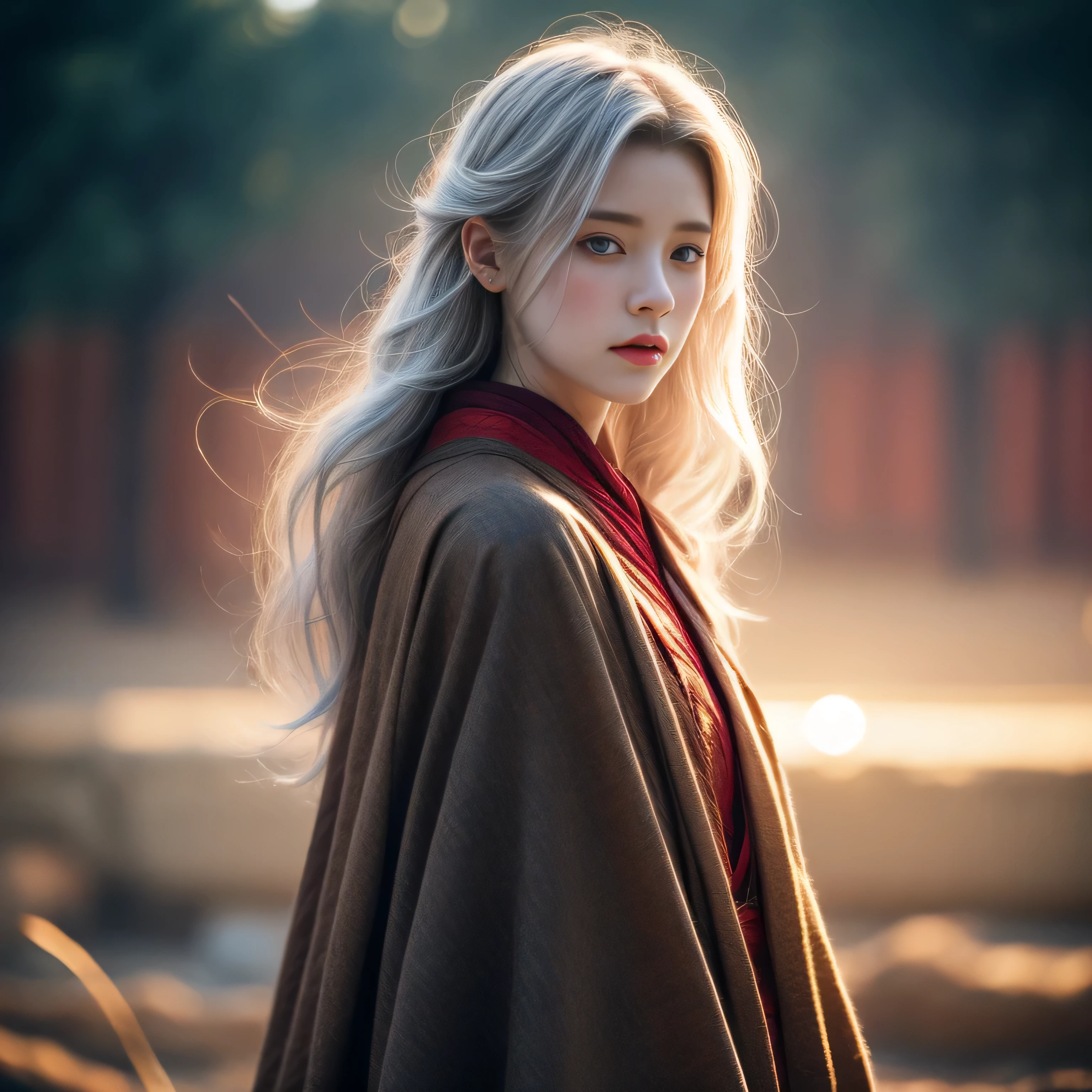 photorealistic, masterpiece, photorealistic, high resolution, soft light, hips up, blue eyes, white hair, long hair, Intricate details EABA, cloaks, short hand-fan, Royal Singer, Hanfu, dandy, floating cloak in wind, sunset