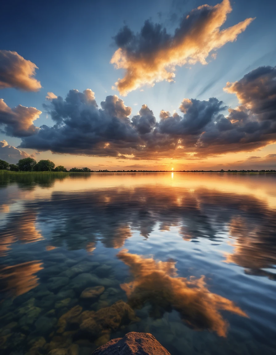 Best-quality, Masterpiece, Ultra-High-Resolution, (Photorealistic:1.4), Raw-Photo, outdoors, sky, cloud, water, no humans, cloudy sky, scenery, reflection, sunset, ,ImgFixerPre0.3