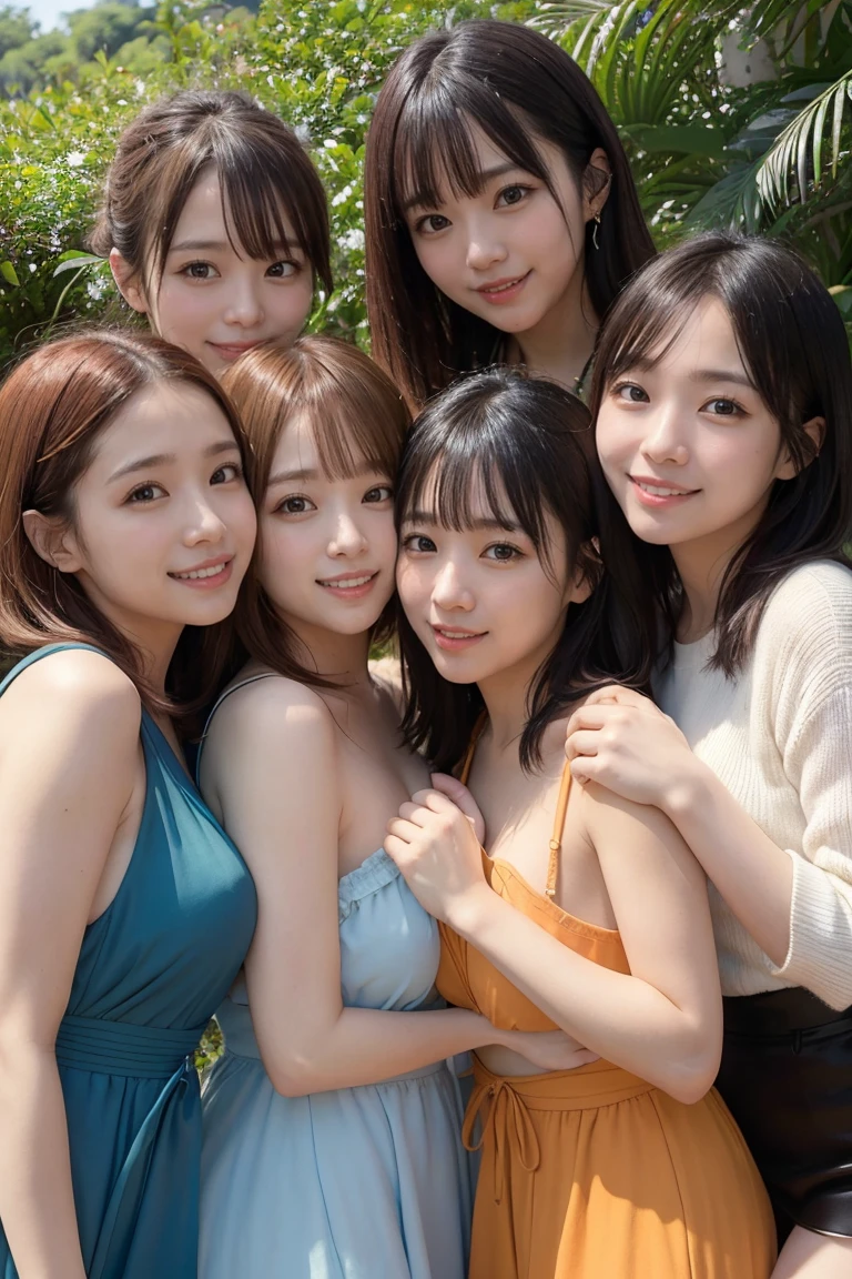 ((Best quality, masterpiece)), five lifelong friends,japanese idol,costume,((orange juice)), warmly embracing, smiling ear-to-ear, surrounded by lush greenery and a crisp blue sky, basking in the sunshine of a perfect day.