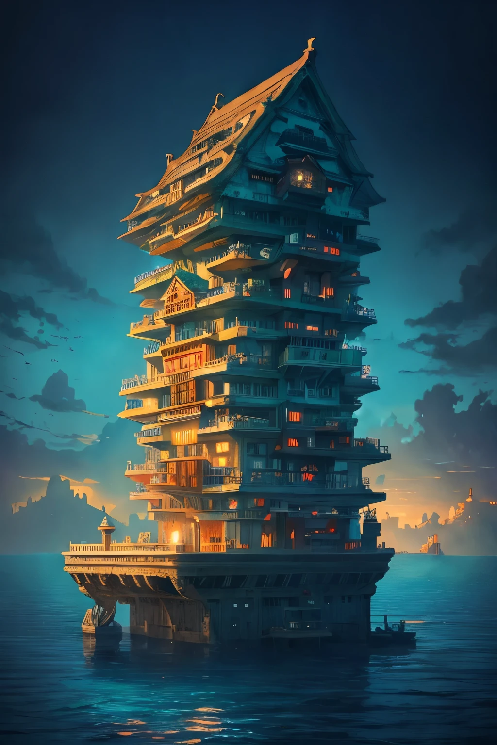 Color (Fantasy: 1.2), (Hayao Miyazaki style), (irregular building floating in the sea), patchwork cottages, flower decorations, lights, concept art inspired by Andreas Rocha, Artstation contest winner, Fantasy art, (underwater city), ross tran, light shafts, realistic lighting, masterpiece, high quality, beautiful graphics, high detail, masterpiece, high quality, beautiful graphics, high detail, 