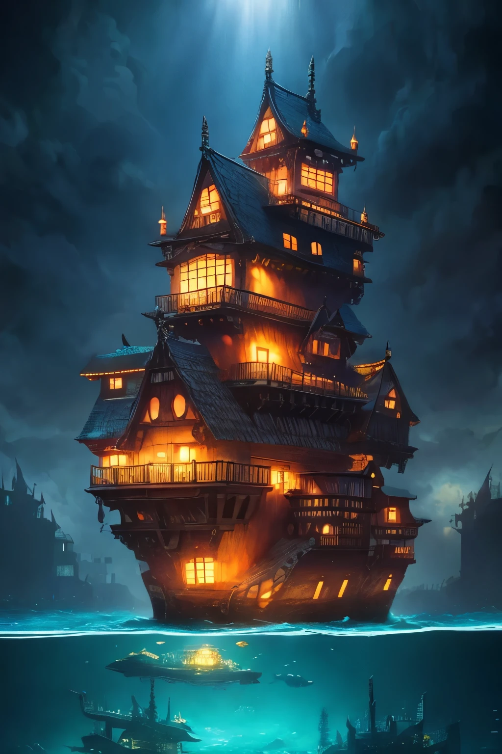 Color (Fantasy: 1.2), (Hayao Miyazaki style), (irregular building floating in the sea), patchwork cottages, flower decorations, lights, concept art inspired by Andreas Rocha, Artstation contest winner, Fantasy art, (underwater city), ross tran, light shafts, realistic lighting, masterpiece, high quality, beautiful graphics, high detail, masterpiece, high quality, beautiful graphics, high detail,