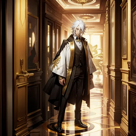 naughty man. standing alone, white  hair, gold eyes, fancy clothes.