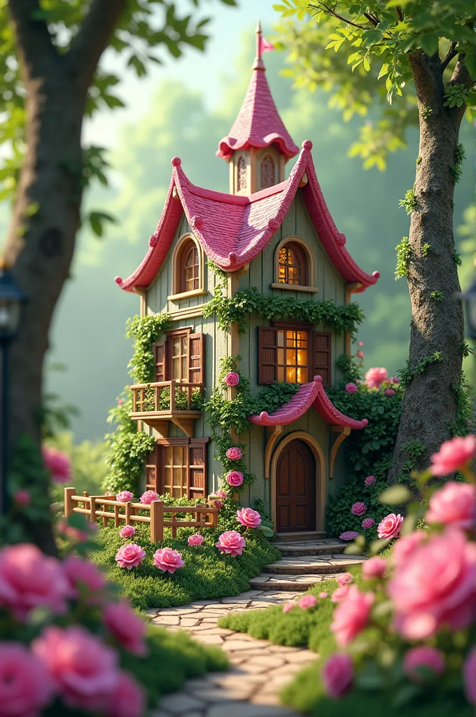 a fairy home in square, it has 4 flour and surrounded by flower paper pink and tree