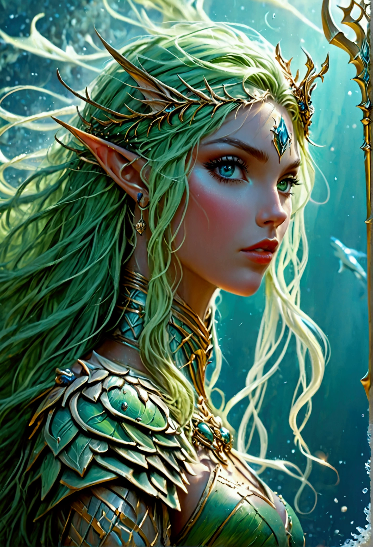 fantasy art, RPG art, a picture of a sea elf ranger under the sea, an exquisite beautiful female elf ultra feminine, knight, (best details, fantasy art, Masterpiece, best quality: 1.4) with a long curvy hair, light green hair, blue eyes, (fantasy art, Masterpiece, best quality: 1.5), ((beautiful delicate face)), Ultra Detailed Face (intricate details, fantasy art, Masterpiece, best quality: 1.4) (anatomically correct: 1.5), wearing light armor, armed with a trident, underwater background, fantasy sea, underwater light, ((natural sea life elements)) sun rays, dynamic atmosphere, soft light, dynamic light, high details, best quality, 16k, [ultra detailed], masterpiece, best quality, (extremely detailed), ultra wide angle), elf