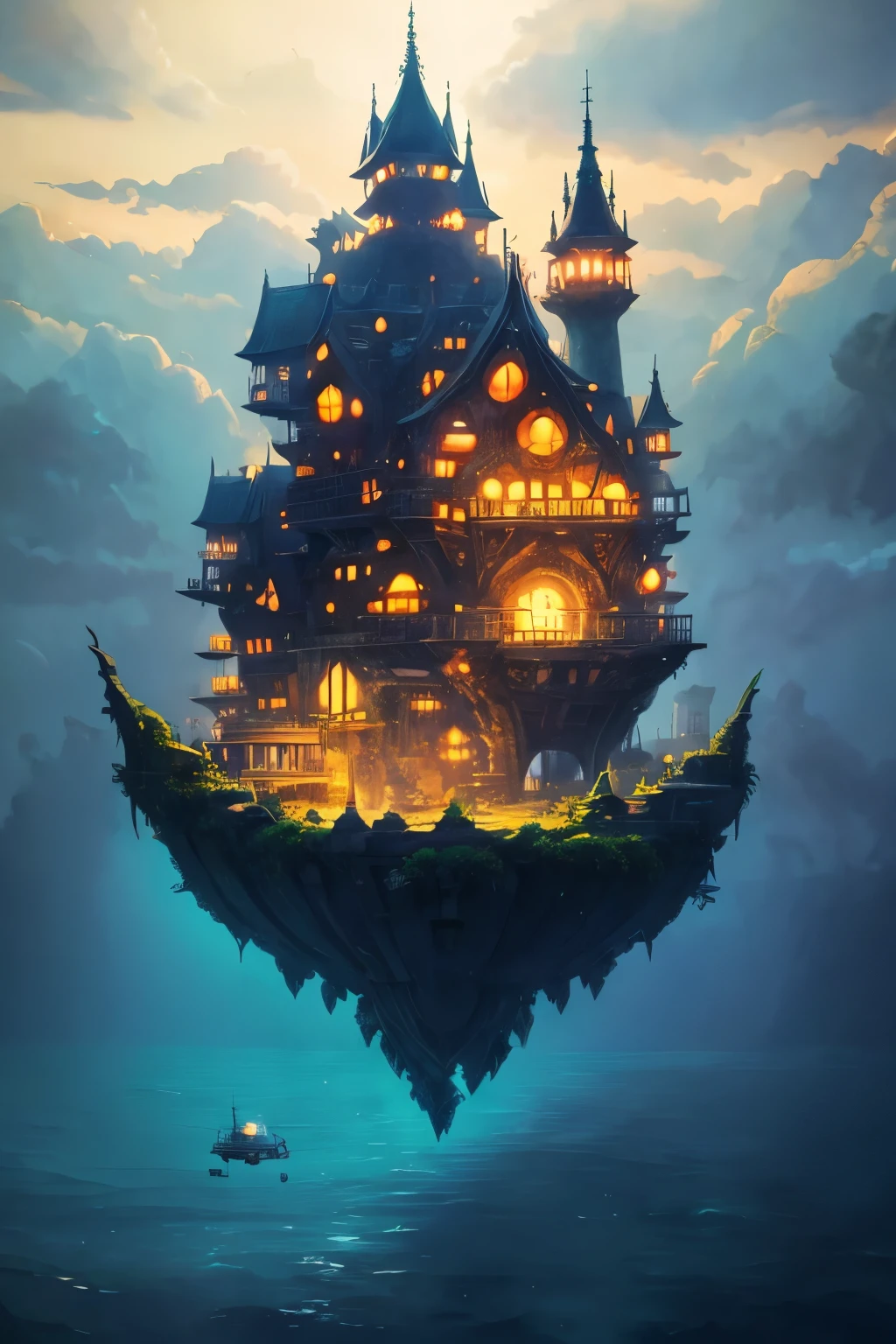 Color (Fantasy: 1.2), (Hayao Miyazaki style), (irregular building floating in the sea), patchwork cottages, flower decorations, lights, concept art inspired by Andreas Rocha, Artstation contest winner, Fantasy art, (underwater city), ross tran, light shafts, realistic lighting, masterpiece, high quality, beautiful graphics, high detail, masterpiece, high quality, beautiful graphics, high detail, 