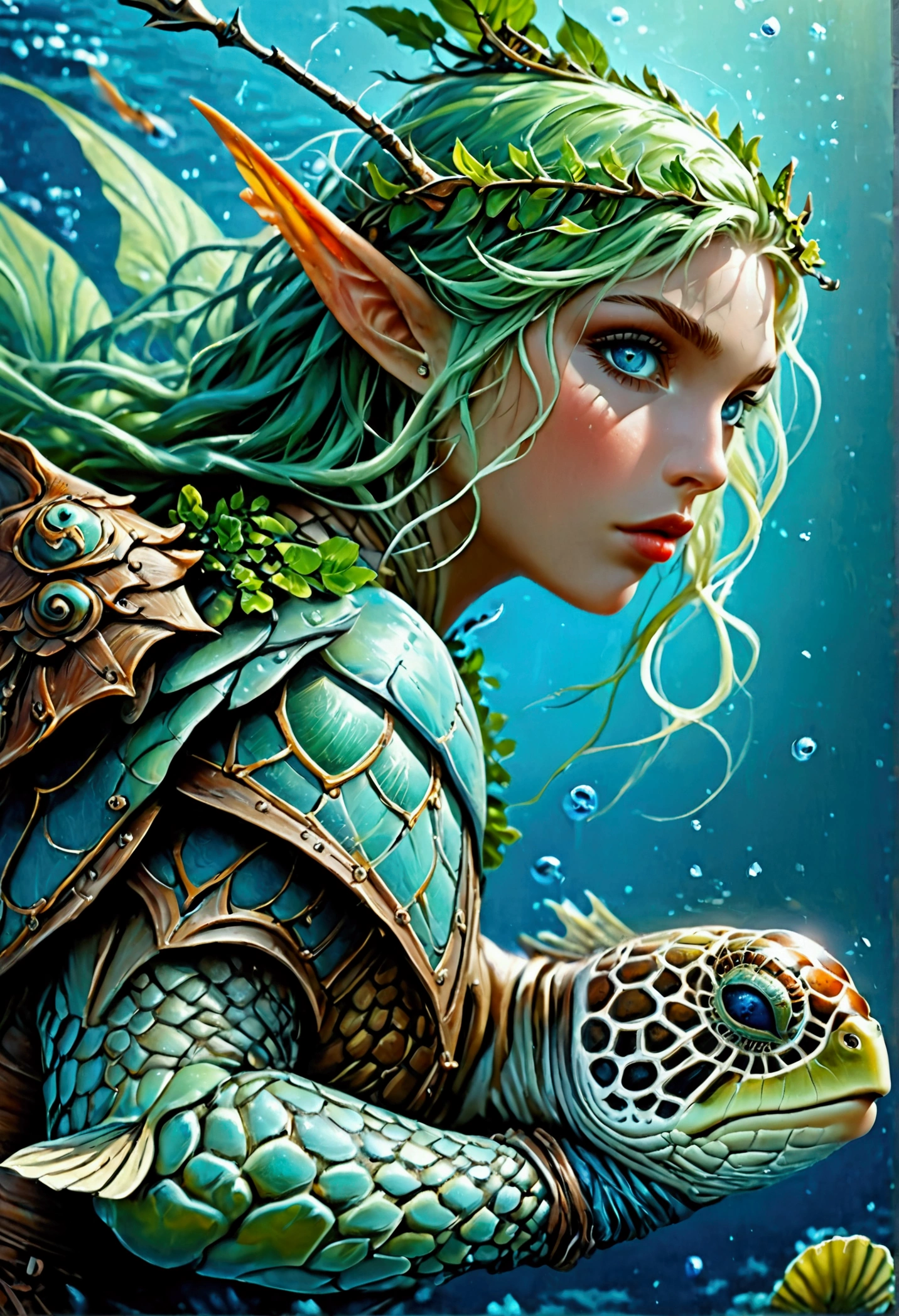 fantasy art, RPG art, a picture of a sea elf ranger with her sea turtle mount under the sea, an exquisite beautiful female elf ultra feminine, knight, (best details, fantasy art, Masterpiece, best quality: 1.4) with a long curvy hair, light green hair, blue eyes, (fantasy art, Masterpiece, best quality: 1.5), ((beautiful delicate face)), Ultra Detailed Face (intricate details, fantasy art, Masterpiece, best quality: 1.4) (anatomically correct: 1.5), wearing light armor, armed with a trident, she has an epic sized turtle (intricate details, fantasy art, Masterpiece, best quality: 1.4) underwater background, fantasy sea, underwater light, ((natural sea life elements)) sun rays, dynamic atmosphere, soft light, dynamic light, high details, best quality, 16k, [ultra detailed], masterpiece, best quality, (extremely detailed), ultra wide angle), elf